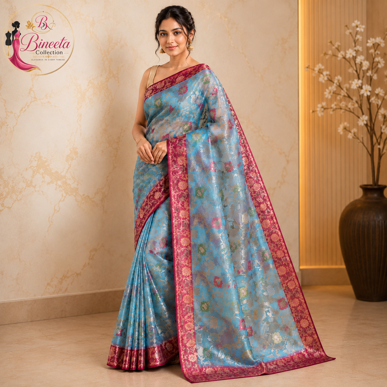 Premium Organza Saree with Floral Zari-Inspired Weave