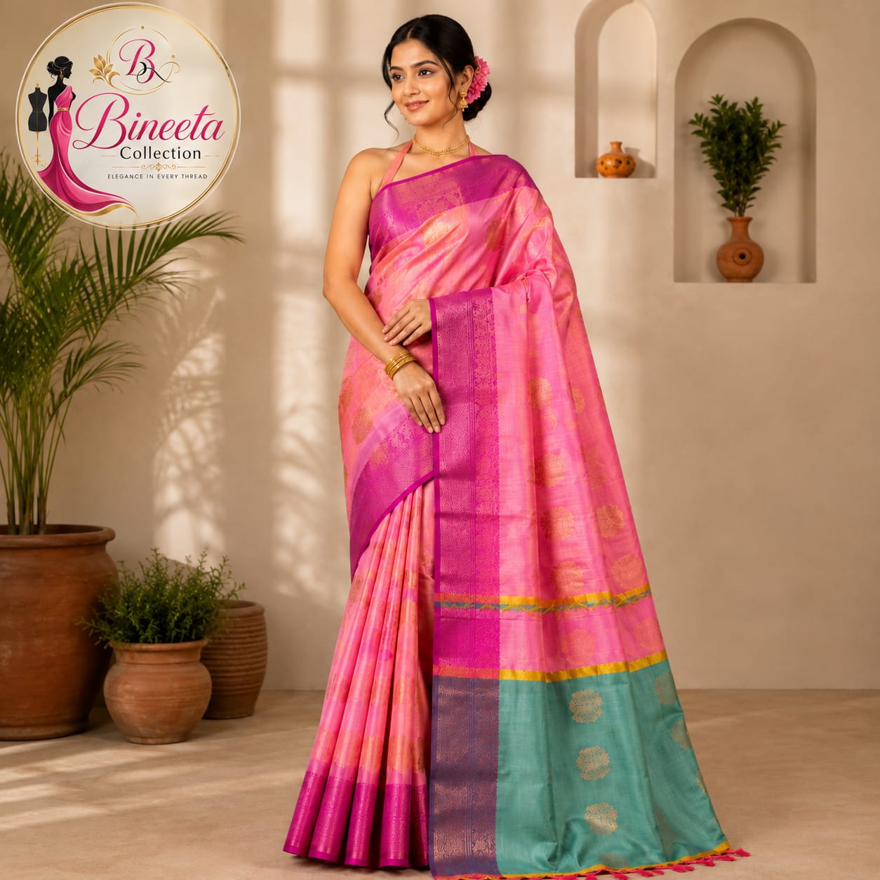 Pink &Teal Silk saree