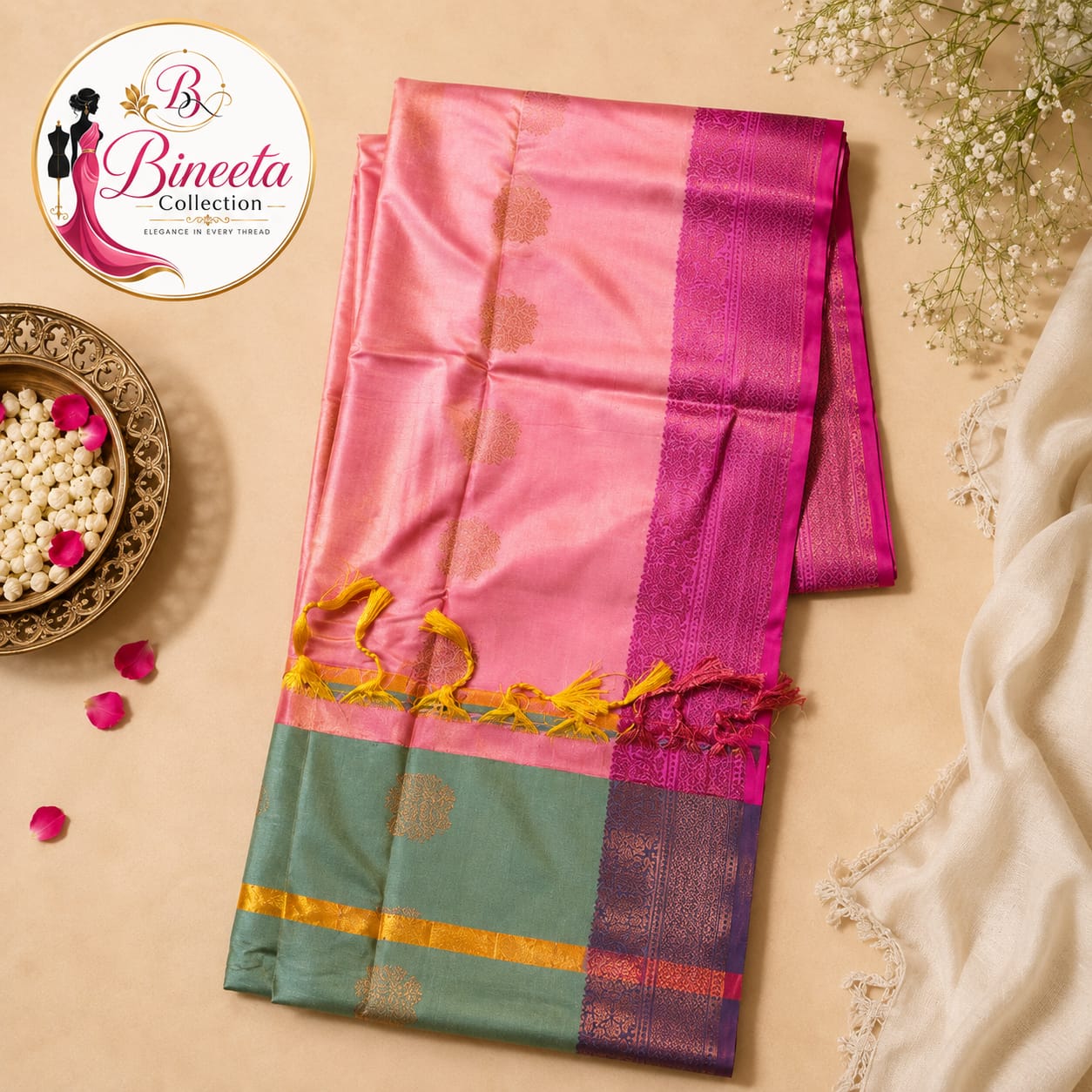 Pink &Teal Silk saree — view 2