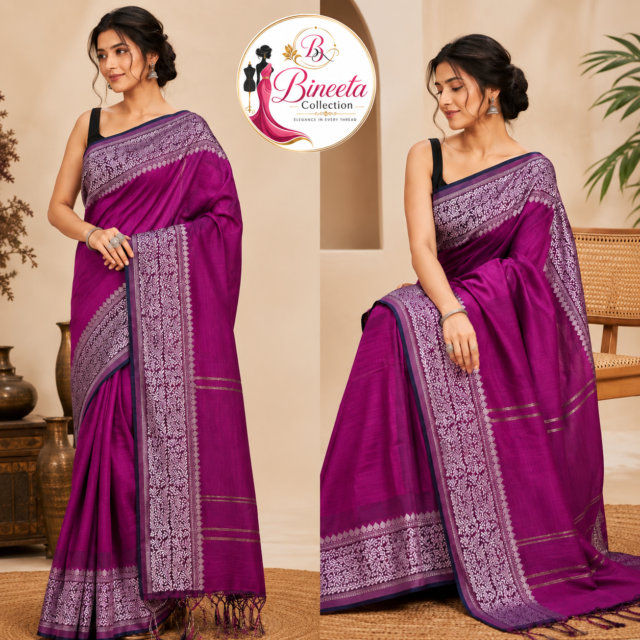 Elegant Handloom Purple Saree with Traditional Woven Border
