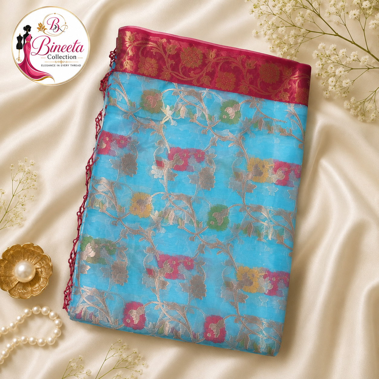 Premium Organza Saree with Floral Zari-Inspired Weave — view 2