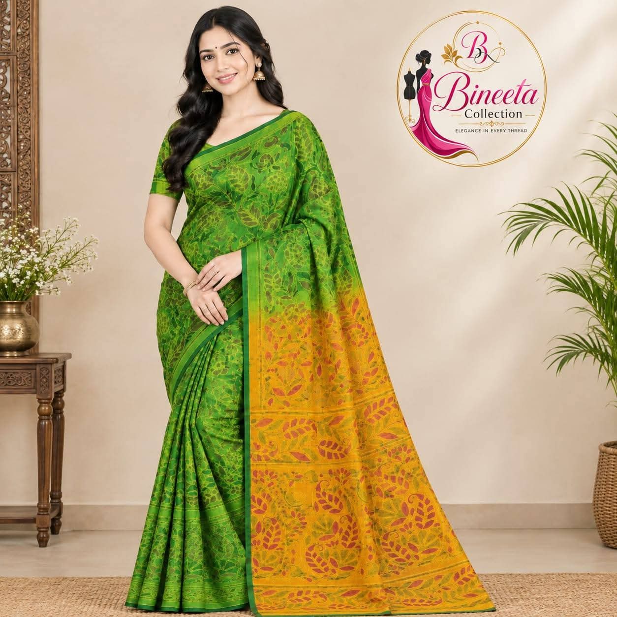 Handprinted handloom cotton silk saree