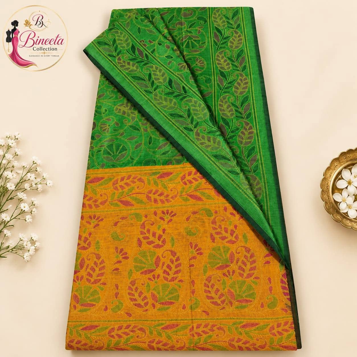 Handprinted handloom cotton silk saree — view 2